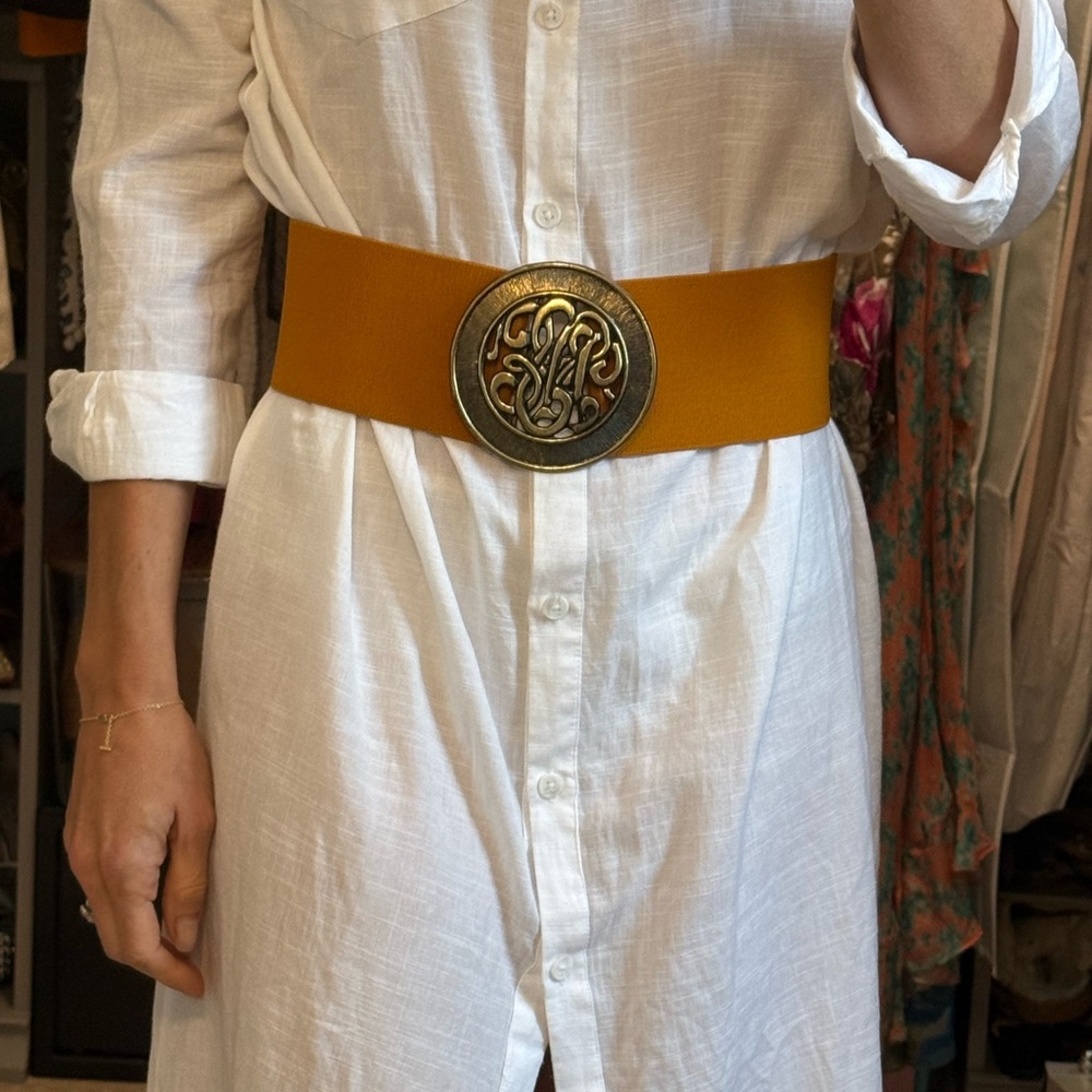 Vintage Wide Mustard Stretch Belt with Ornate Round Buckle